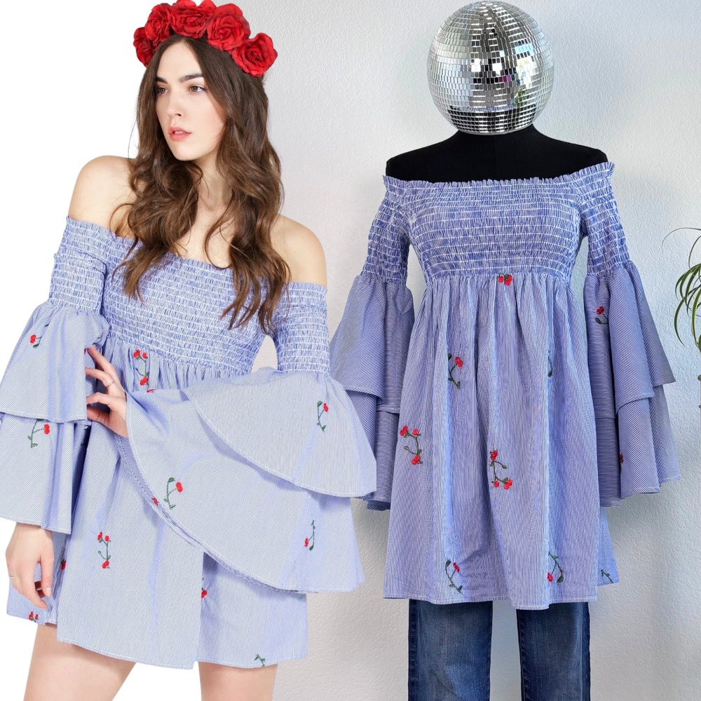 Soprano Cherry Print Off Shoulder Flared Sleeve Dress Size XS, Blue Stripe Tunic
